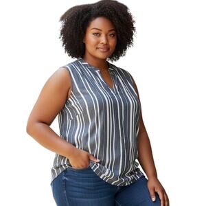 Annalee + Hope 100% Cotton Sleeveless V-Neck Tunic Top Blue White 2X